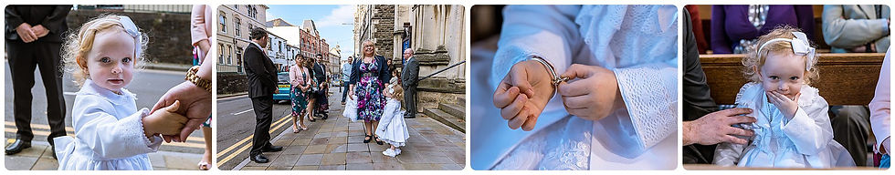 A young girl in a white dress holds hands, stands outside a church, adjusts a bracelet, and sits smiling inside. People in colorful attire nearby.