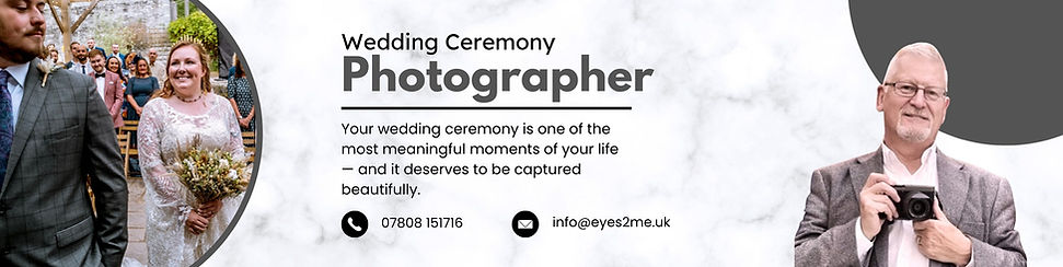 Eyes2Me Photography. Wedding Ceremony Photographer in Caerphilly. Image shows the photographer and a wedding couple with some text about wedding photography.