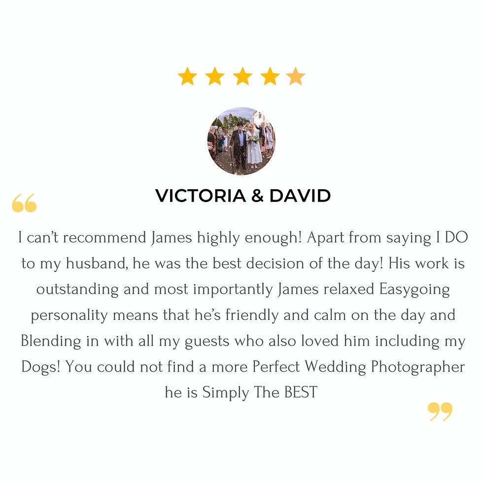 Five gold stars above a circular photo of a wedding, people smiling. Text: Victoria & David praise photographer James for his friendly, calm demeanor.