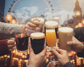 Hands holding various festive drinks against a warmly-lit cityscape. Drinks include mulled wine, bucks fizz, spiced creamy drinks, stout and festive ale. A map overlay adds a global touch.