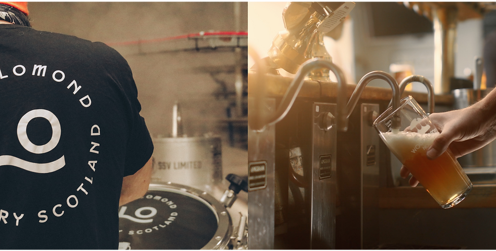 Two images: left shows a person in a Lomond shirt near brewery equipment; right shows a hand at the beer taps pulling a pint into a Woodforde's pint glass.