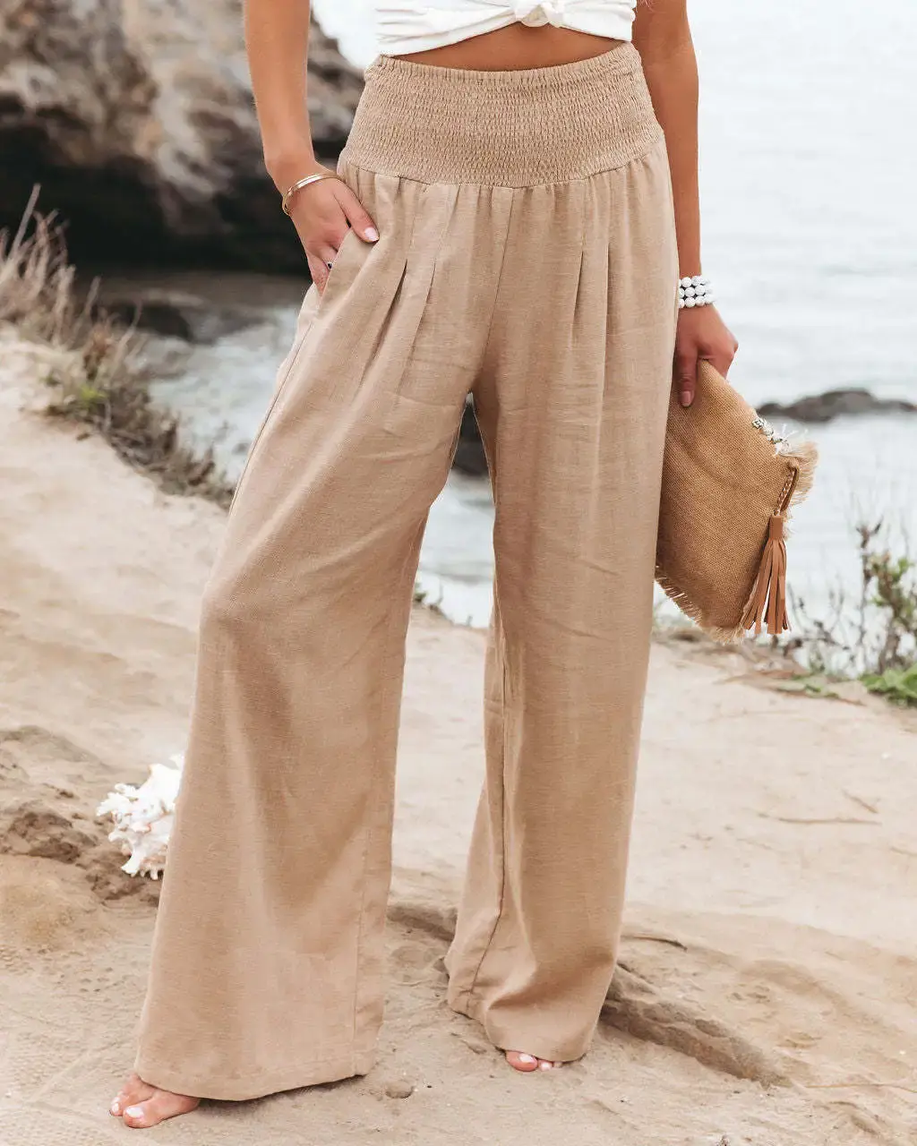 Women's Casual Pants With Drawstring, Mid Waist, Beach Wide Leg, Spring and