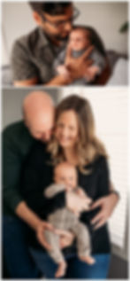 Lifestyle newborn photos. A dad holds a baby in a gray onesie in a cozy room. Below, a couple smiles as they embrace, holding a baby, near a window.