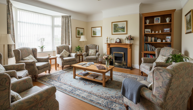 Eye-level view of a calm care home lounge with comfortable chairs and soft natural light