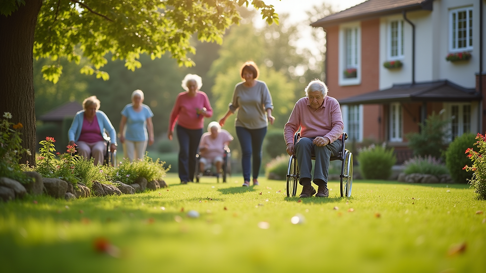 Eye-level view of a nursing home garden with residents enjoying the outdoors