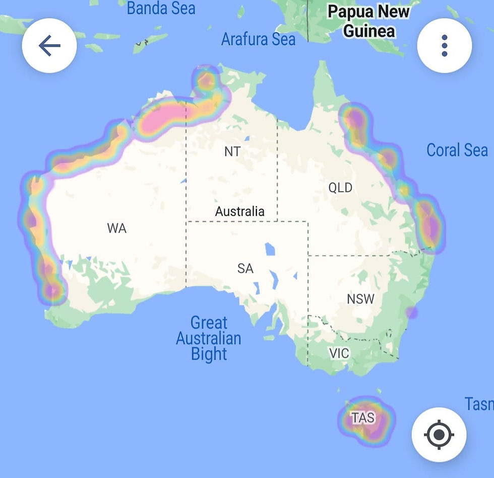 Heatmap of Google Photo locations across Australia & Tasmania