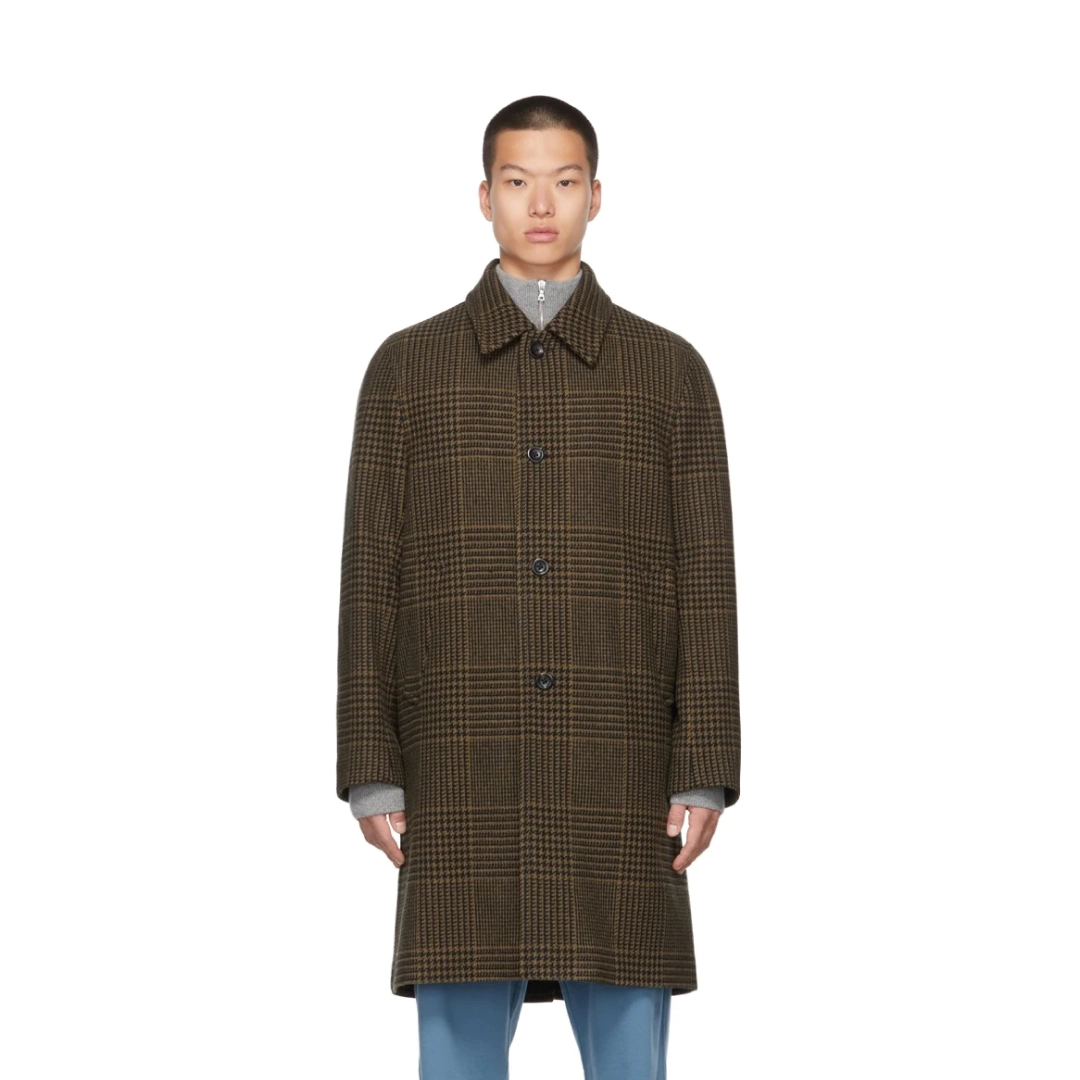 Khaki Wool Check Coat | Branzino