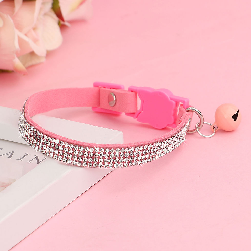 Thumbnail: Soft Pink Suede Leather Cat Collar - Cute Bling Rhinestone Design, with Bell & S