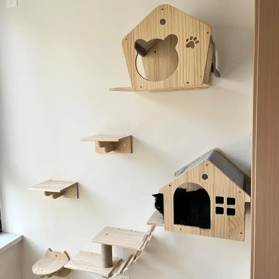 Thumbnail: Wooden Cat Climbing Shelves Wall Mounted Cat Tree Sisal Scratching Post Pedal Ha