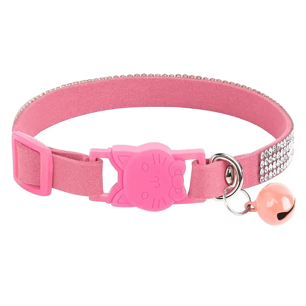 Thumbnail: Soft Pink Suede Leather Cat Collar - Cute Bling Rhinestone Design, with Bell & S
