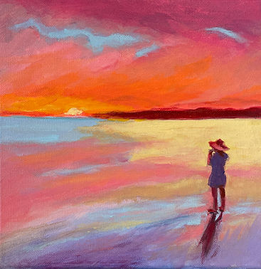 A loose impressionist acrylic painting of a colorful sunset with a woman standing in the foreground looking toward the horizo
