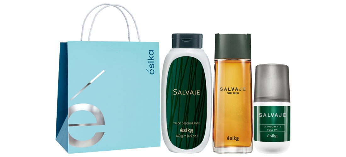 Bolsa Ésika Celeste + Roll-on Salvaje + Salvaje + Talco Salvaje