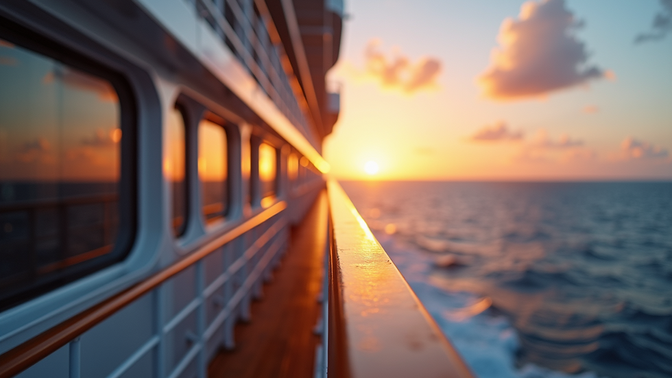 Eye-level view of a cruise ship deck with ocean horizon at sunset