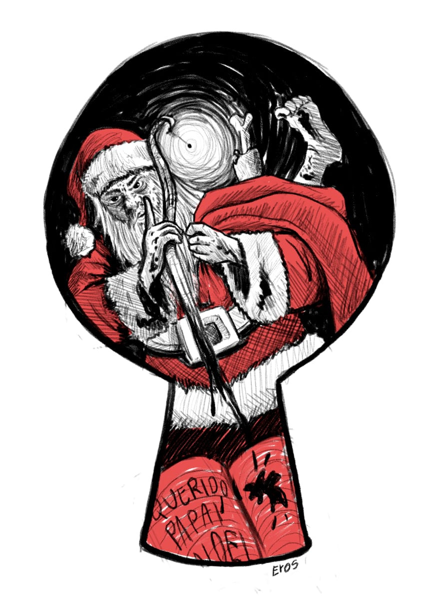 Um papai noel assassino sendo observado por um buraco de fechadura. Ele está carregando um corpo e fazendo gesto para manter silêncio.
