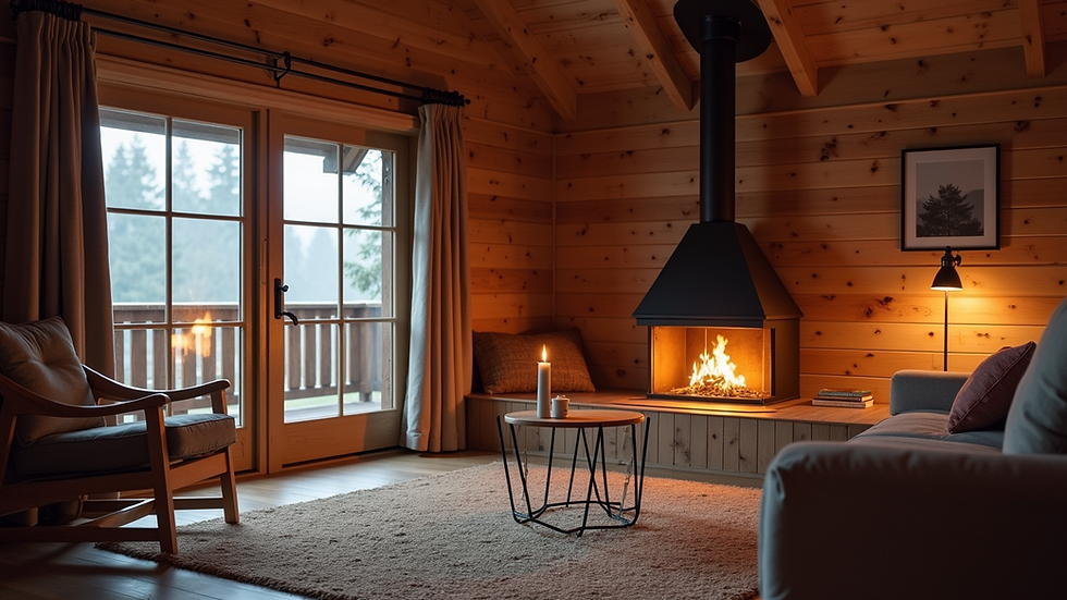 Eye-level view of a cozy chalet interior with a fireplace