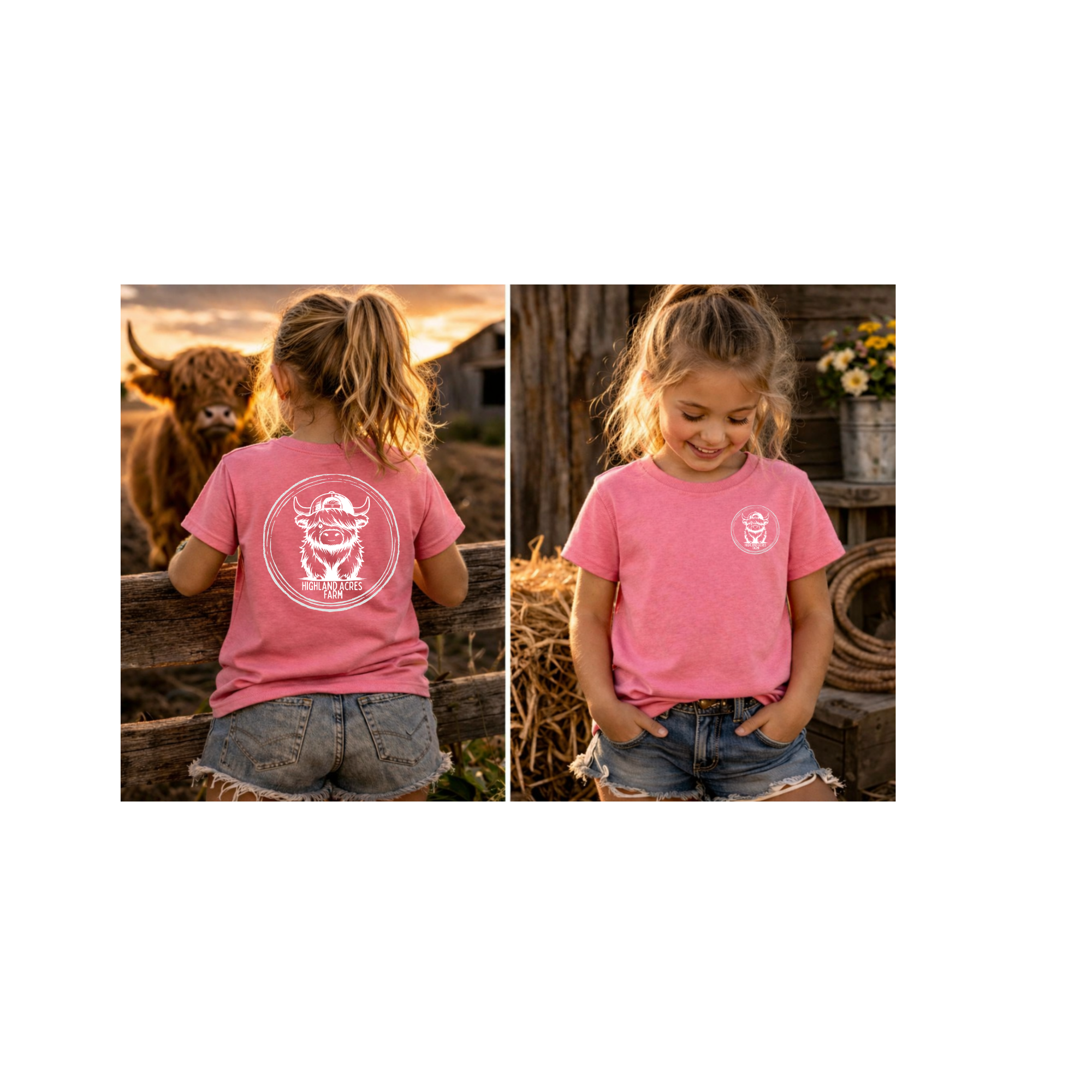 Kids Pink Highland Acres Farm Logo T-Shirt
