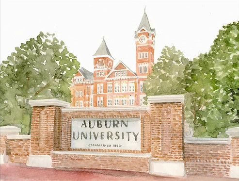 Auburn Sign & Samford Hall Watercolor Painting by Melissa Gullatte