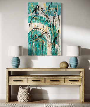 Abstract painting, textured, blues and gold
