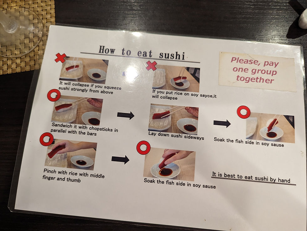 a paper handout on how to eat sushi, with pictorials describing the process
