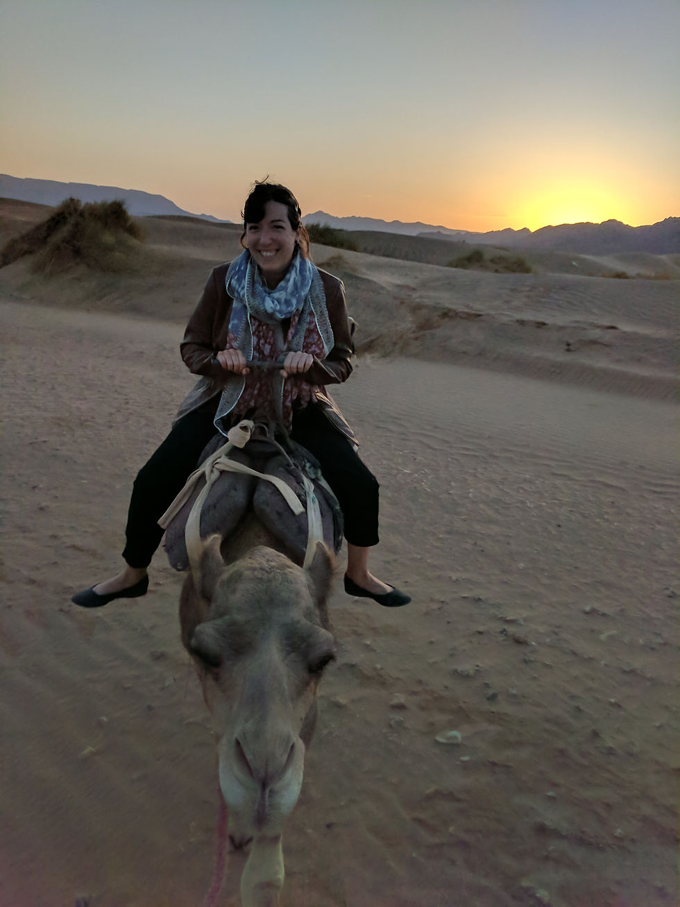 girl on camel with sunrise coming over dunes