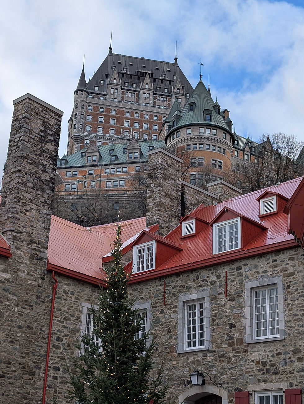 lower view looking up at the chateau Frontenac in quebec