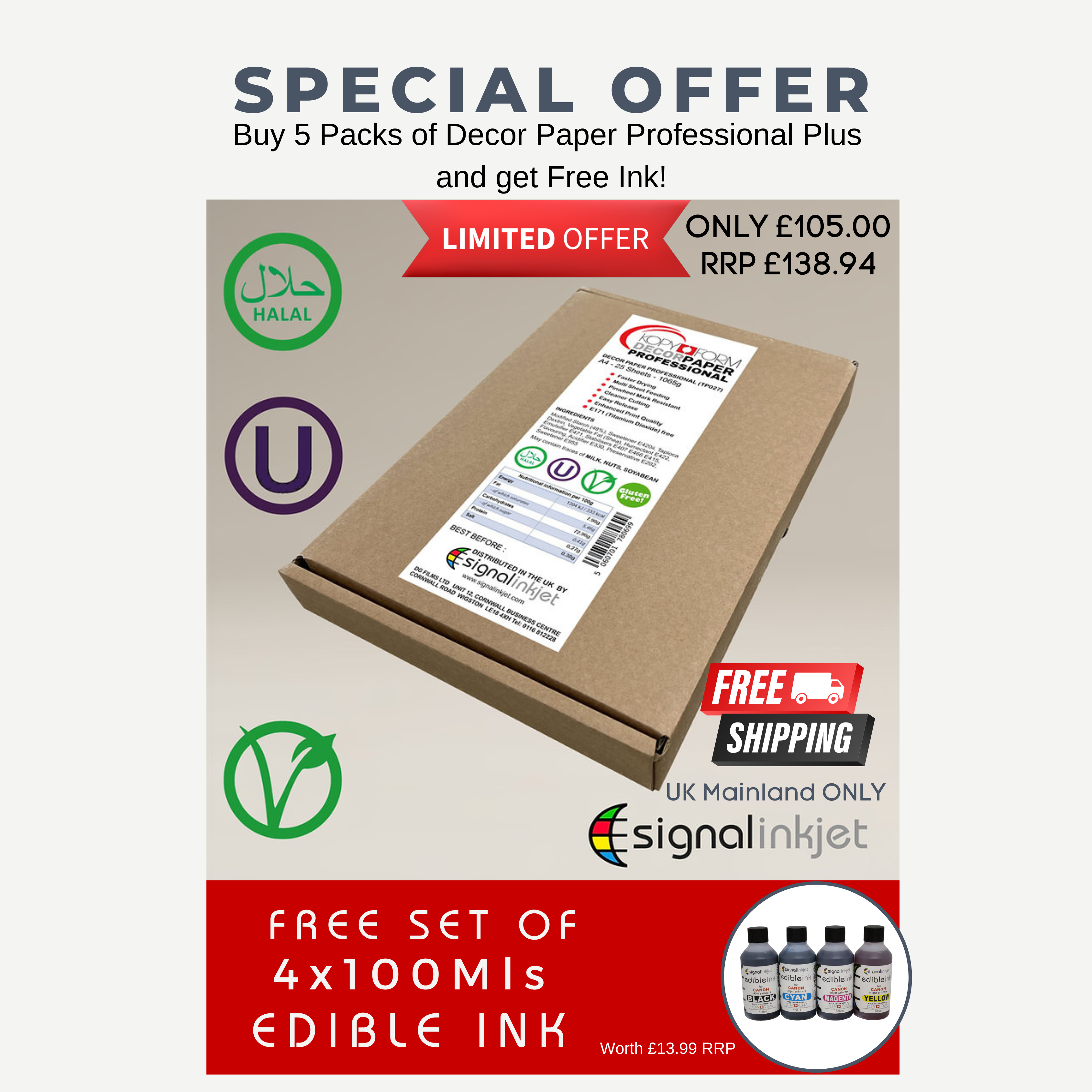 Decor Paper Professional - A4 125 -Sheets - E171 Free & 100ml ink