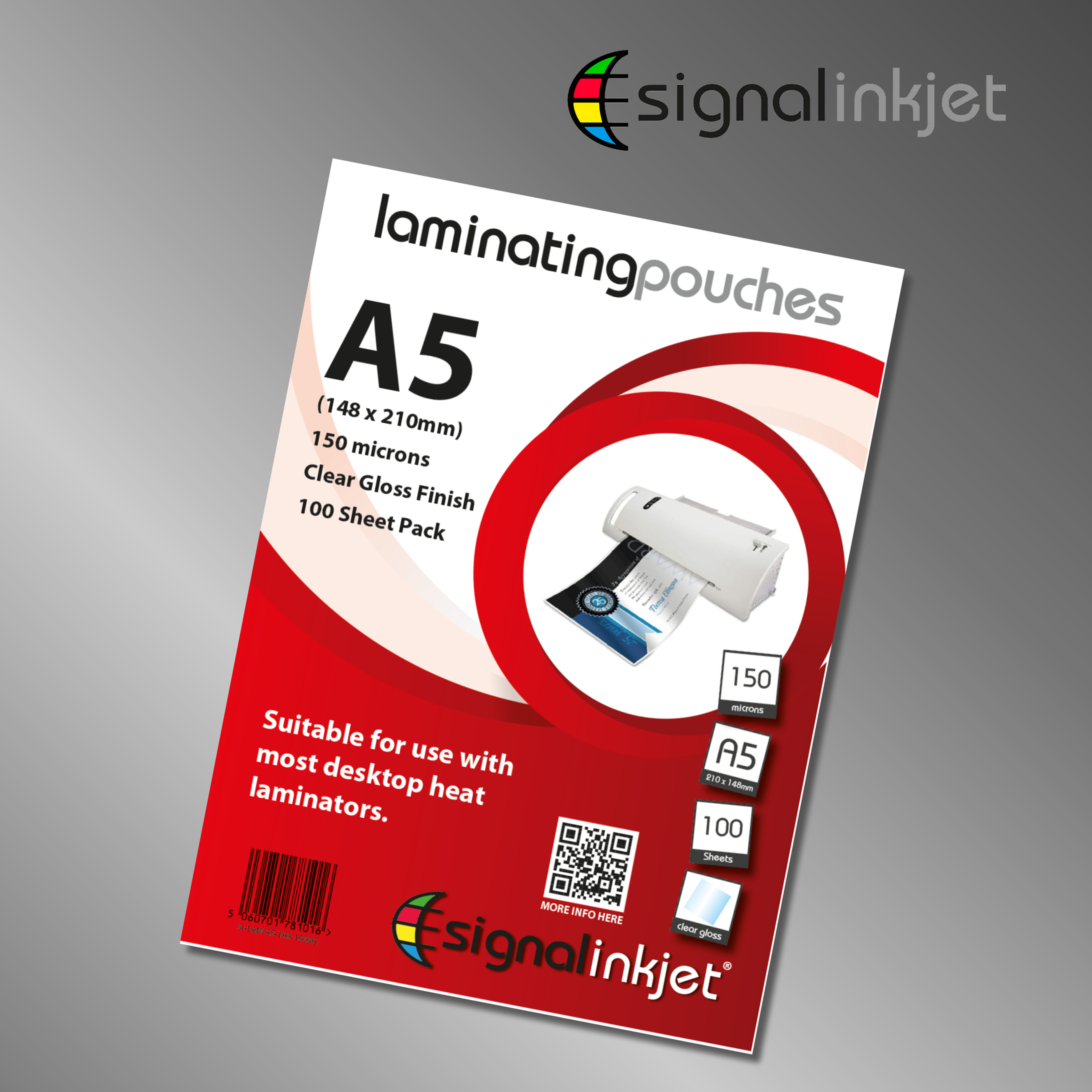 A5 Gloss Laminating Pouches Sheets Pockets - 150 MICRONS - 100 SHEET PACK