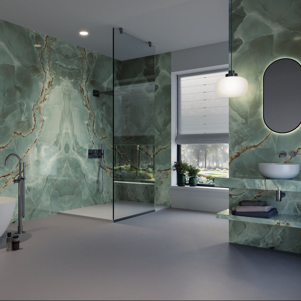 Onice Smeraldo porcelain slab – room photo