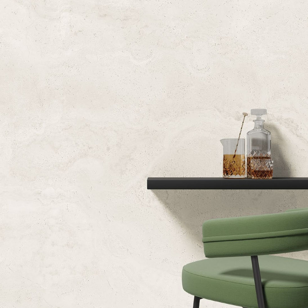 Travertino Minimal White porcelain slab – room photo