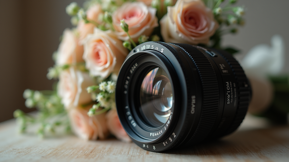 Close-up view of a camera lens focused on a wedding bouquet