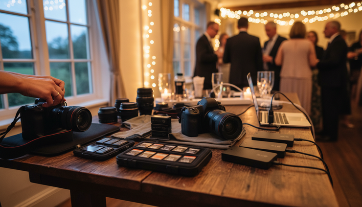 Wide-angle view of a wedding photographer arranging cameras and memory cards beside a reception table.