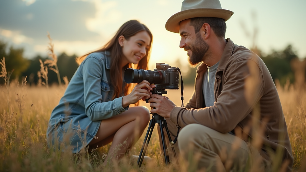 Eye-level view of a family photographer setting up camera equipment outdoors