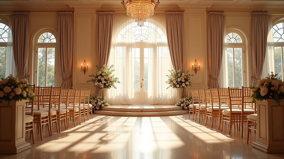 Wide angle view of elegant wedding venue decorated with soft lighting and floral arrangements