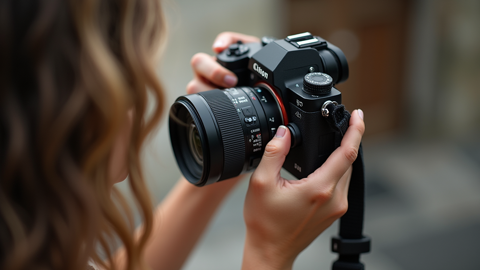Eye-level view of a wedding photographer adjusting camera settings