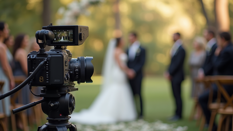 Eye-level view of a professional video camera on a tripod capturing a wedding ceremony