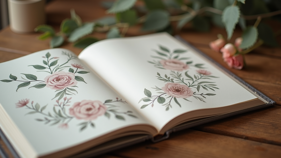 Close-up view of a wedding album with elegant floral design on a wooden table