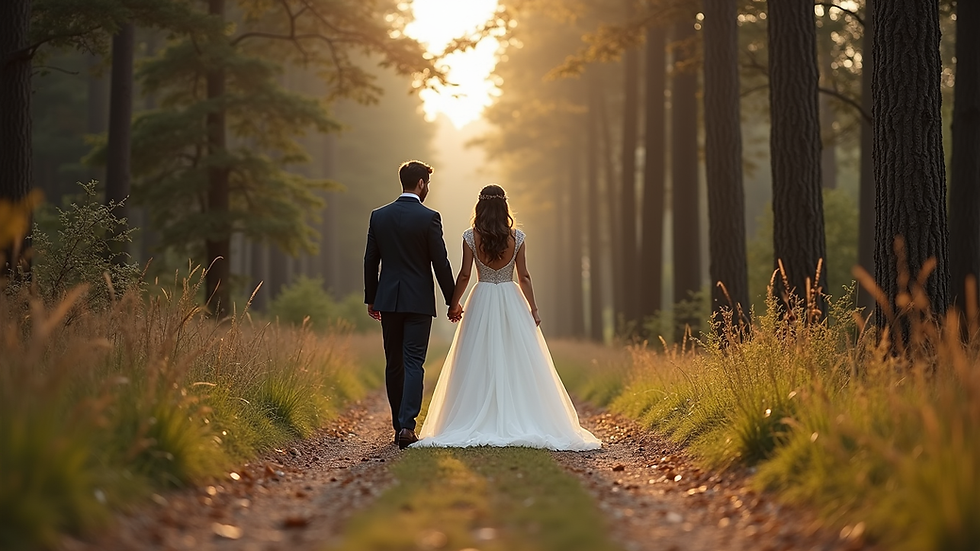 Eye-level view of bride and groom walking hand in hand on a forest path
