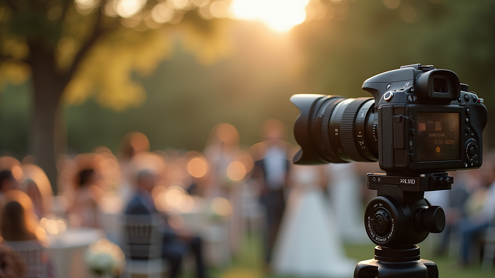 Close-up view of a professional camera on a tripod at a wedding venue