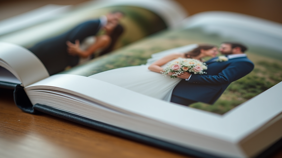 Close-up view of a wedding album with printed photos