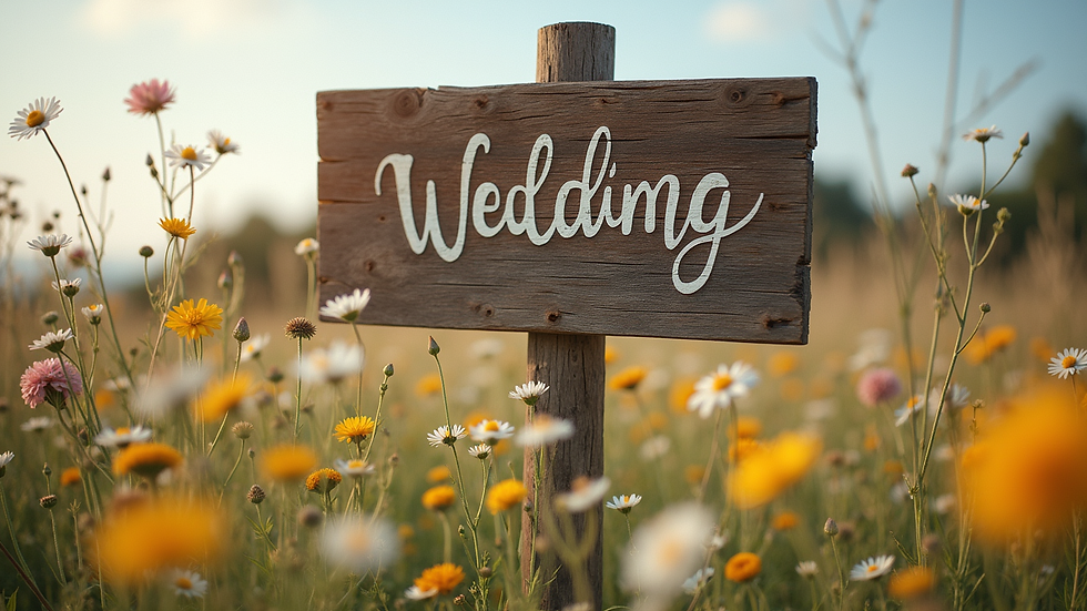 Eye-level view of a rustic wooden wedding sign surrounded by wildflowers