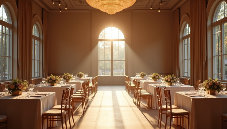 Eye-level view of an elegantly decorated event space with low centerpieces and clear sightlines
