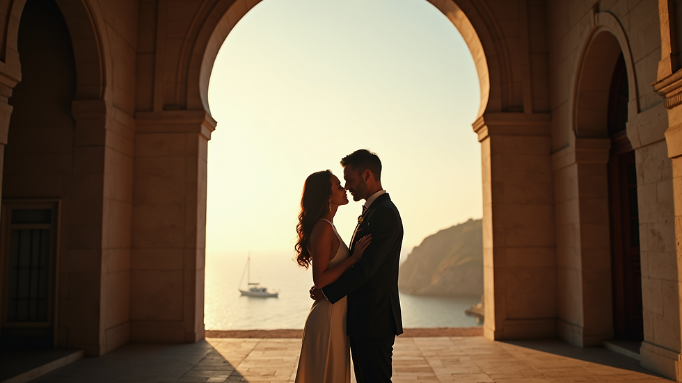 High angle view of a couple framed by an archway with natural light
