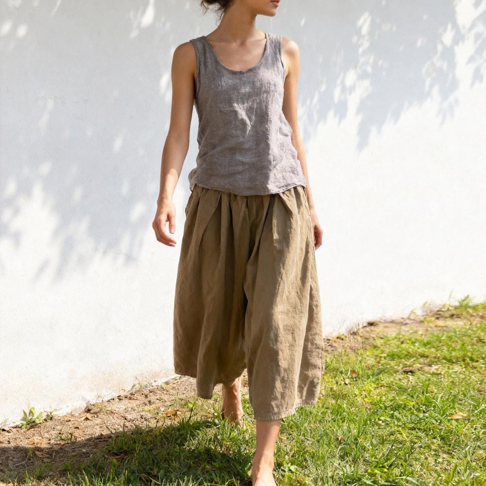 100% Cotton Wide Leg Cropped Pants | Boho Linen-Look
