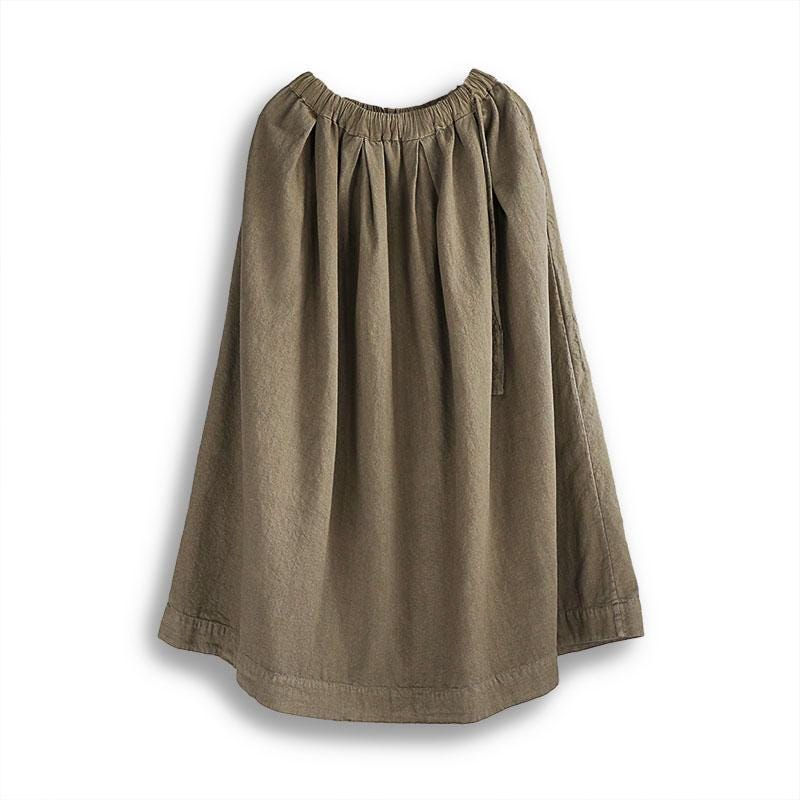 Flat lay view of moss brown A-line linen cotton skirt with elastic waistband