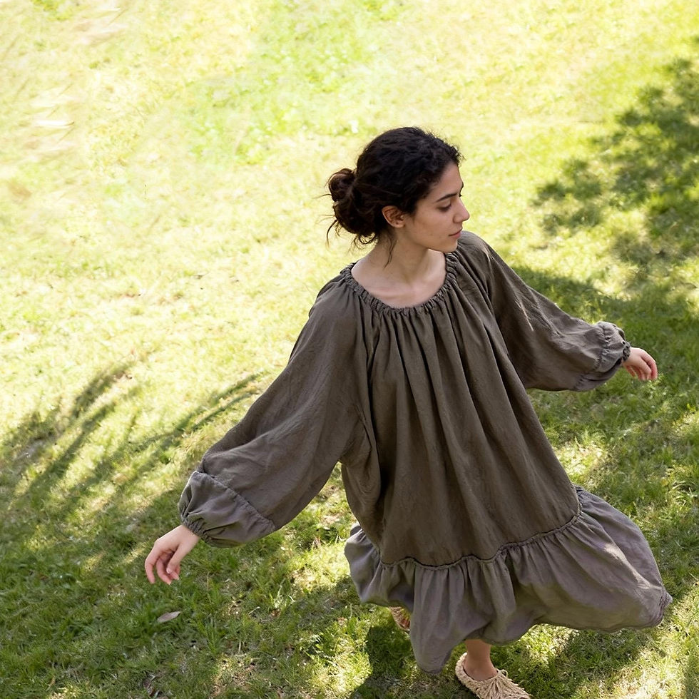 Olive grey oversized linen cotton midi dress with adjustable drawstring neckline