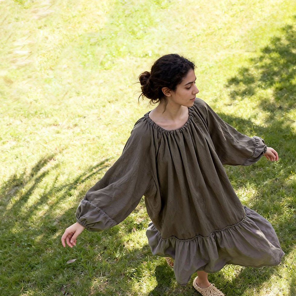 Loose fit cotton linen dress in khaki with adjustable neckline, natural fabric clothing by Virelin