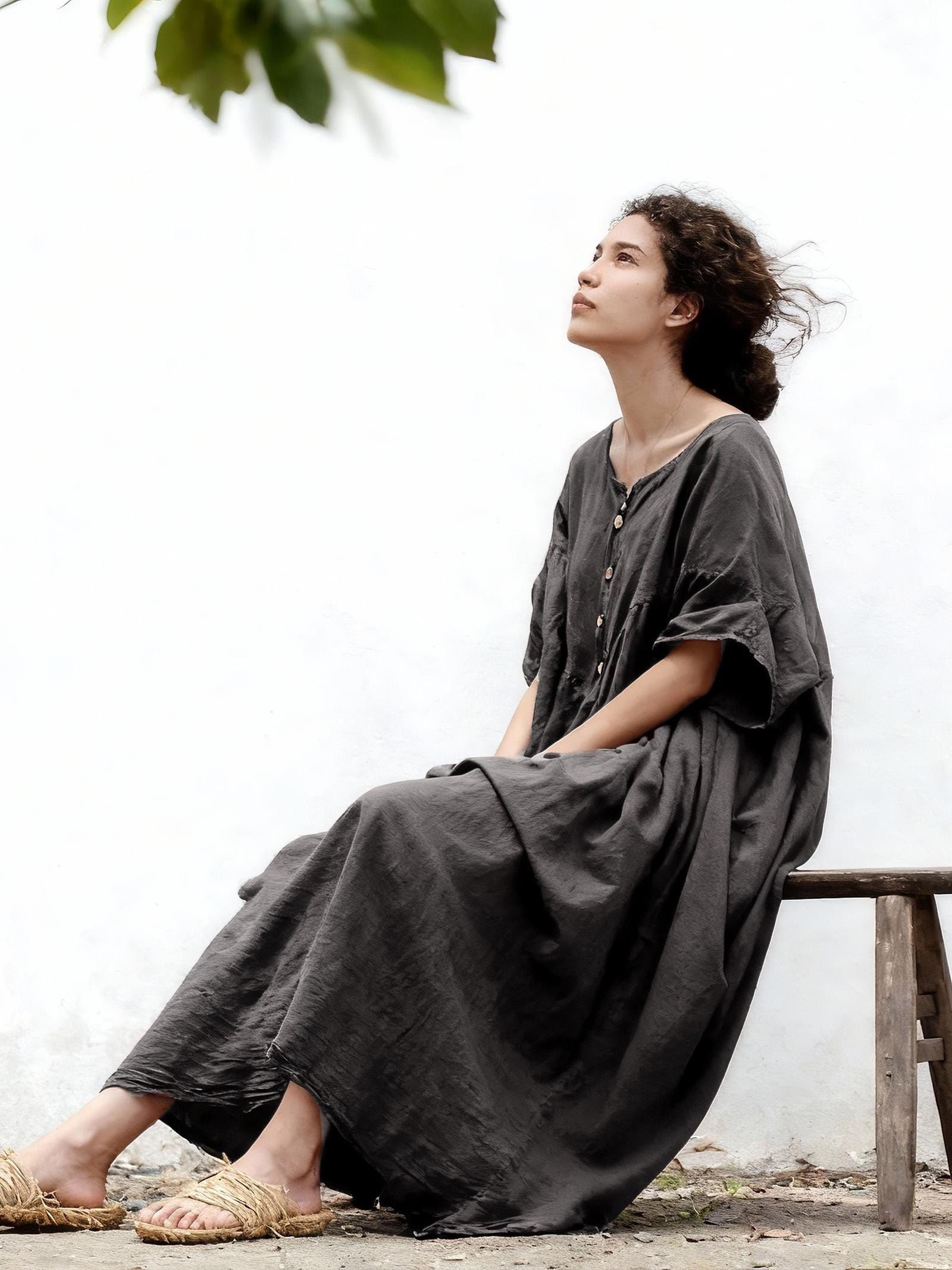 Oversized charcoal grey linen cotton maxi dress with wooden buttons and dropped shoulders