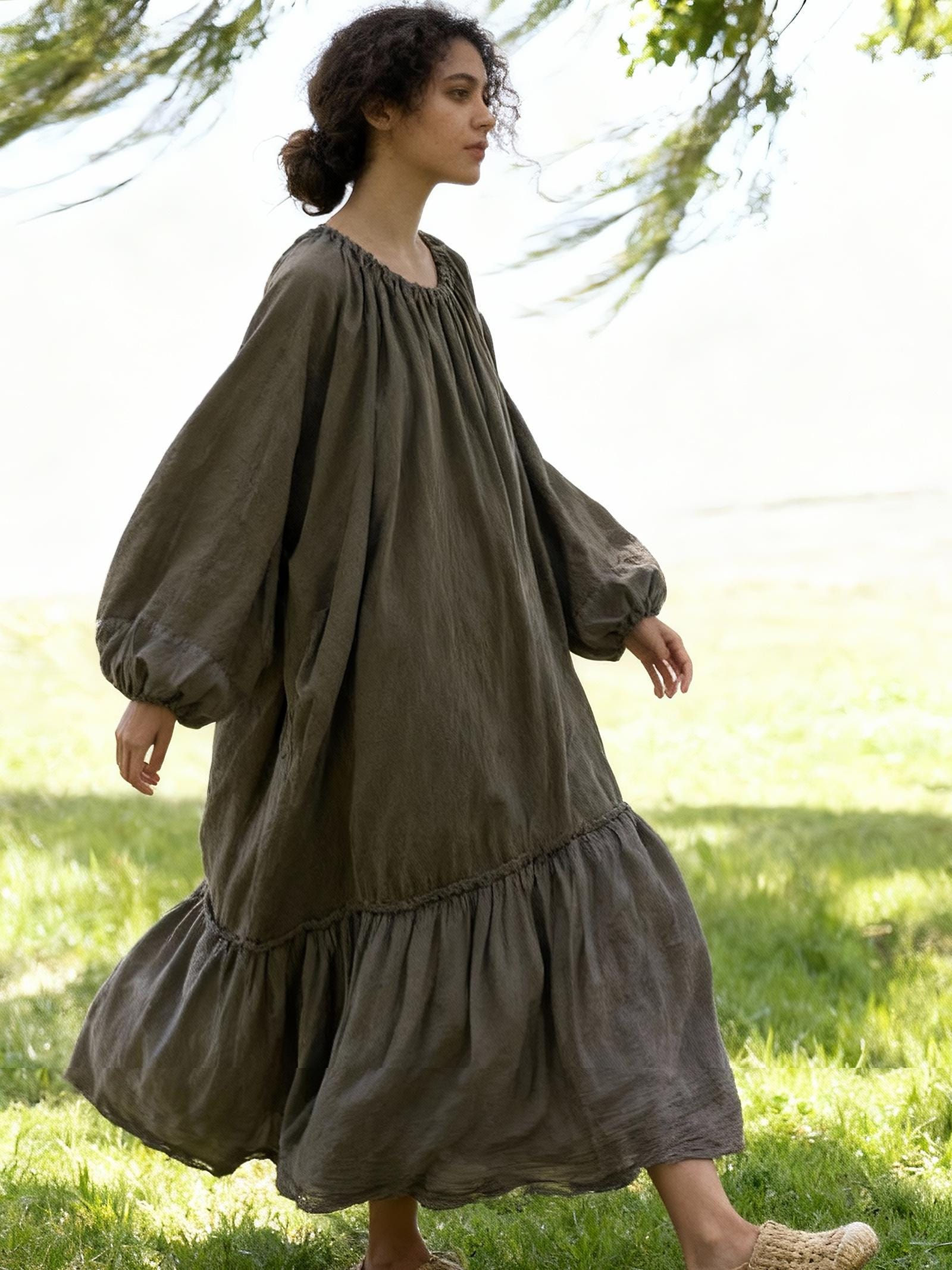 Olive grey oversized linen cotton midi dress with adjustable drawstring neckline