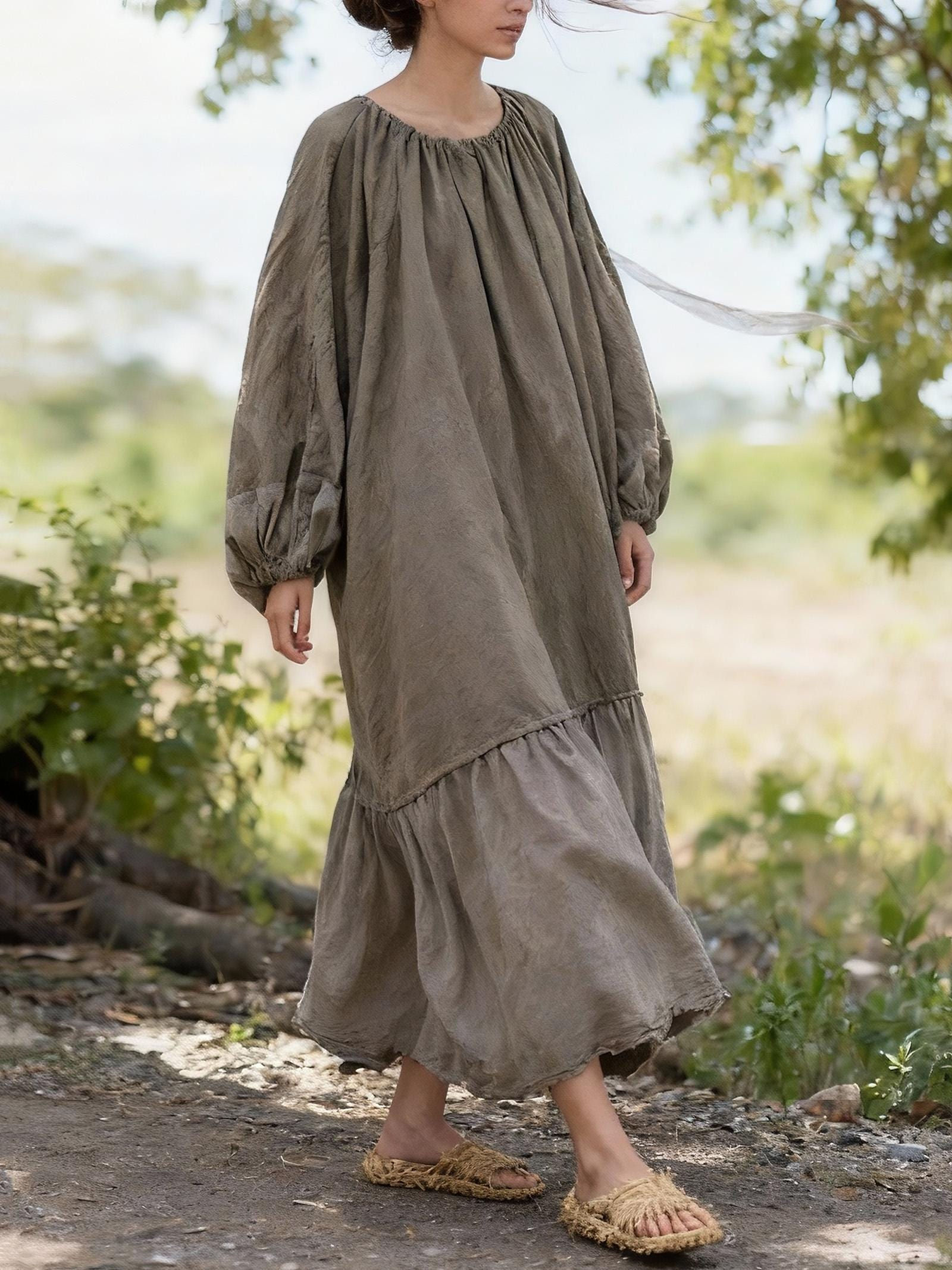 Olive grey oversized linen cotton midi dress with adjustable drawstring neckline