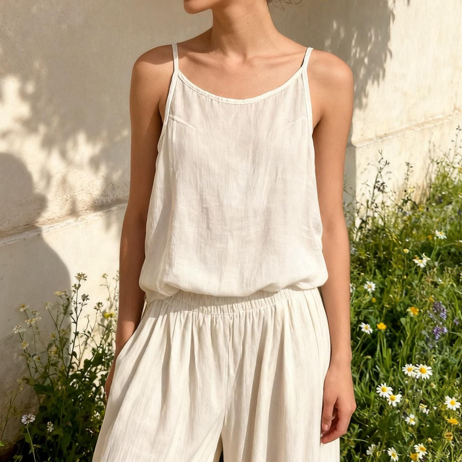 White Cotton Blend Base Layer Cami, Semi-Sheer Adjustable Strap Slip, Wabi-sabi
